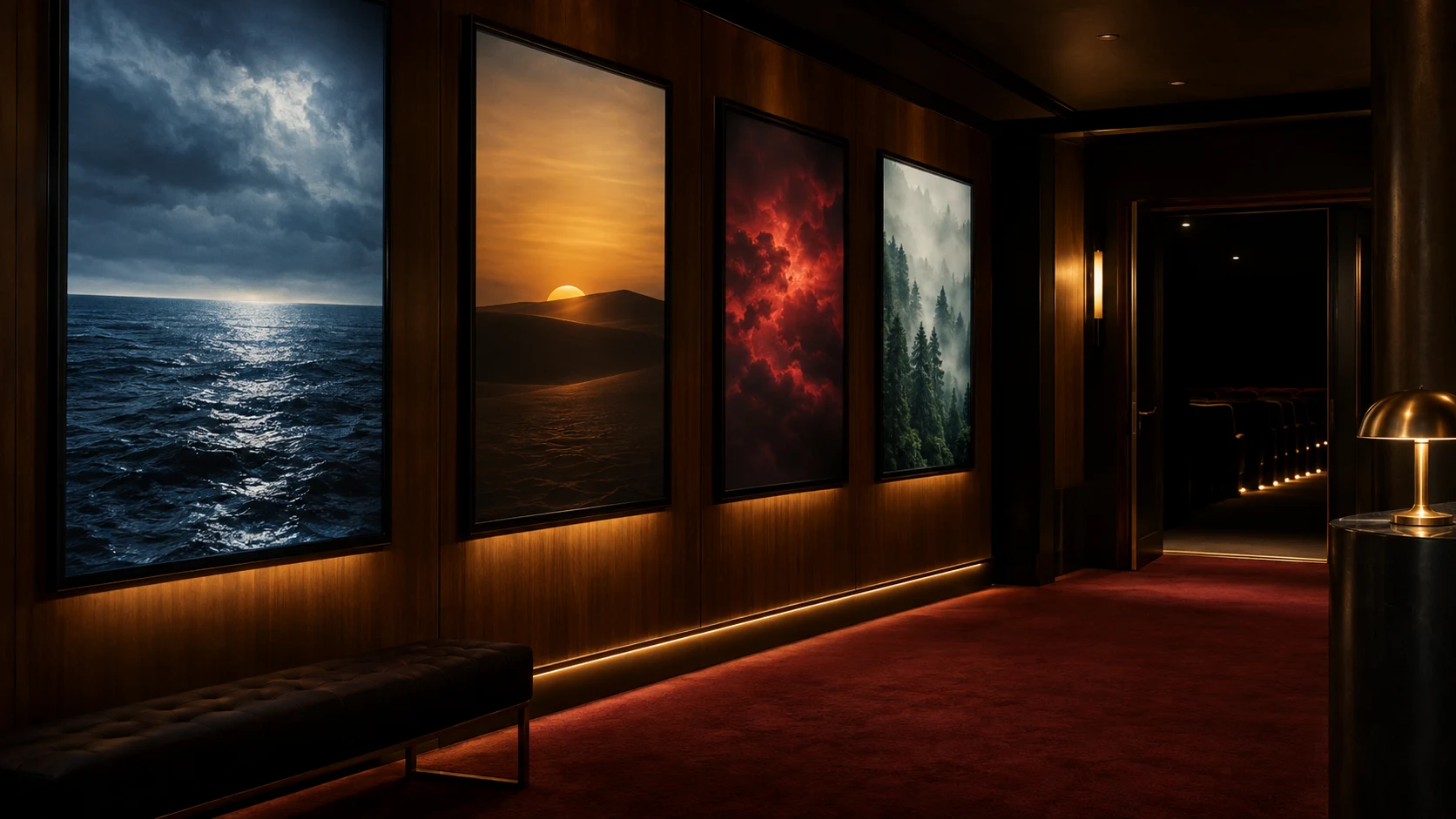 Vestíbulo de cine con cuatro paneles verticales de arte original iluminados