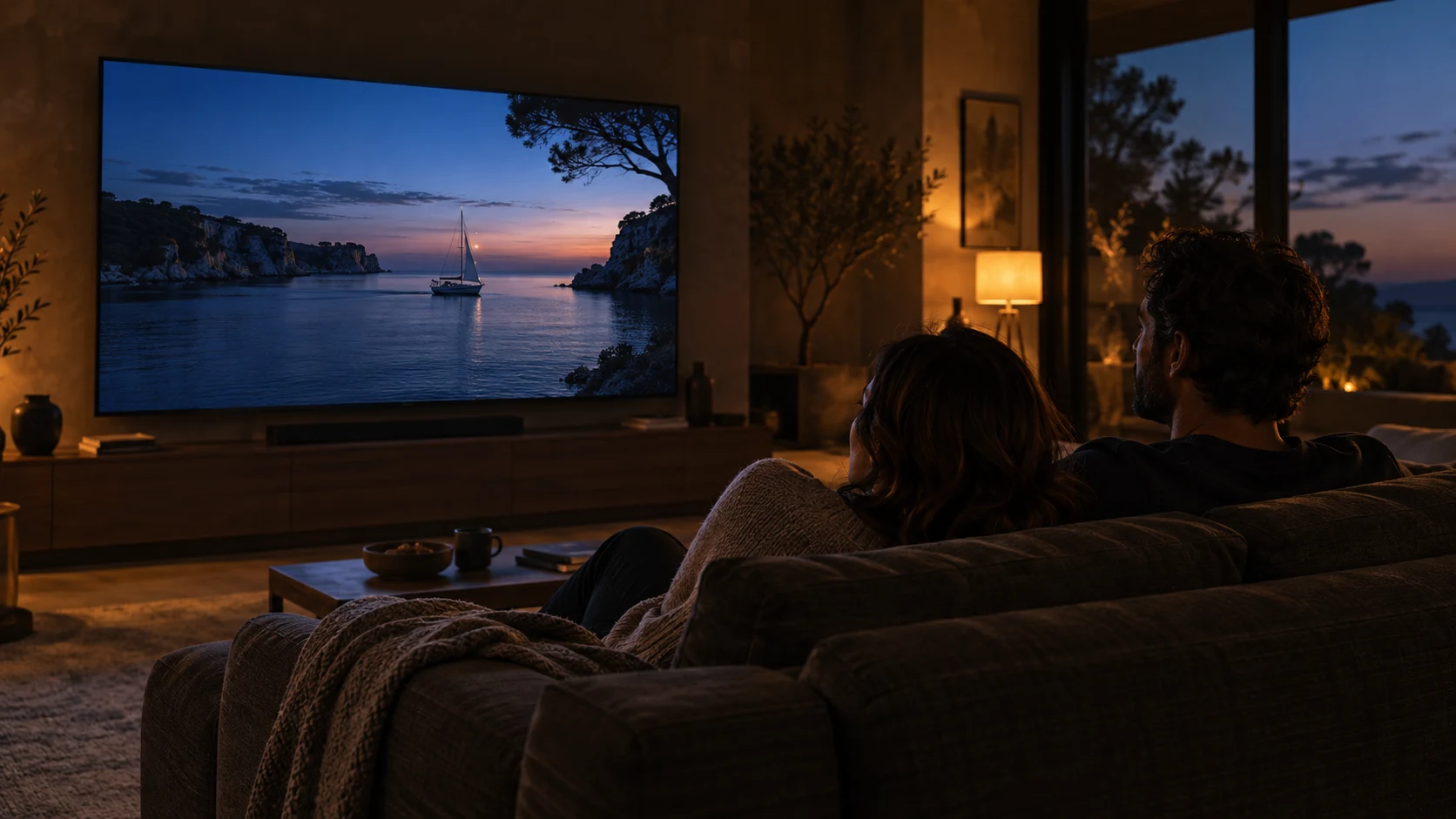 Dos personas comparten una noche de cine en el salón de su casa