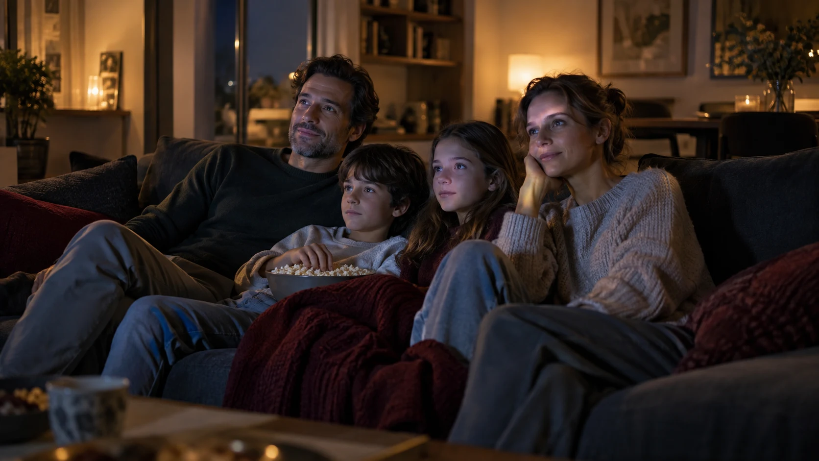 Una familia comparte sofá y palomitas mientras disfruta de una película en casa